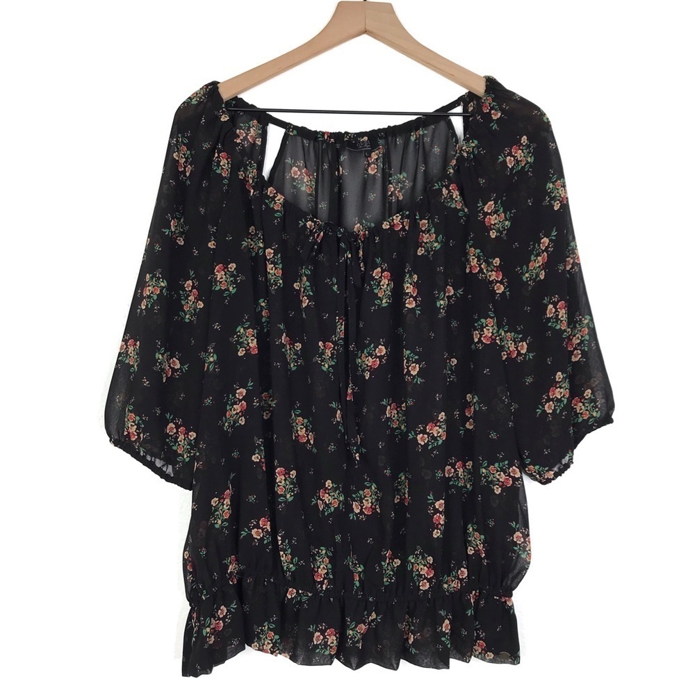 GUESS Sheer Floral Peasant Blouse Top L